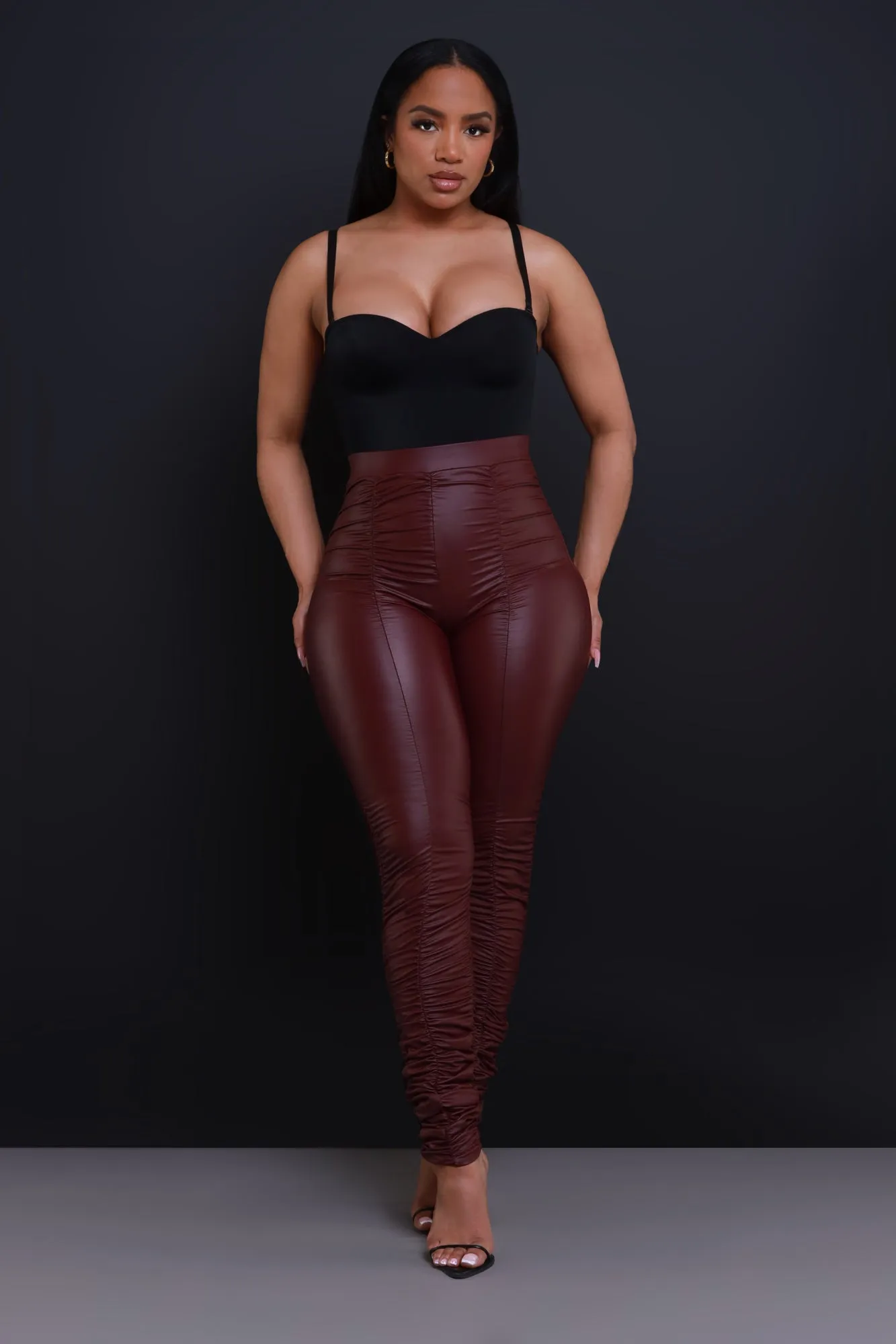 Be Honest Ruched High Waist Pants - Burgundy Faux Leather Leggings