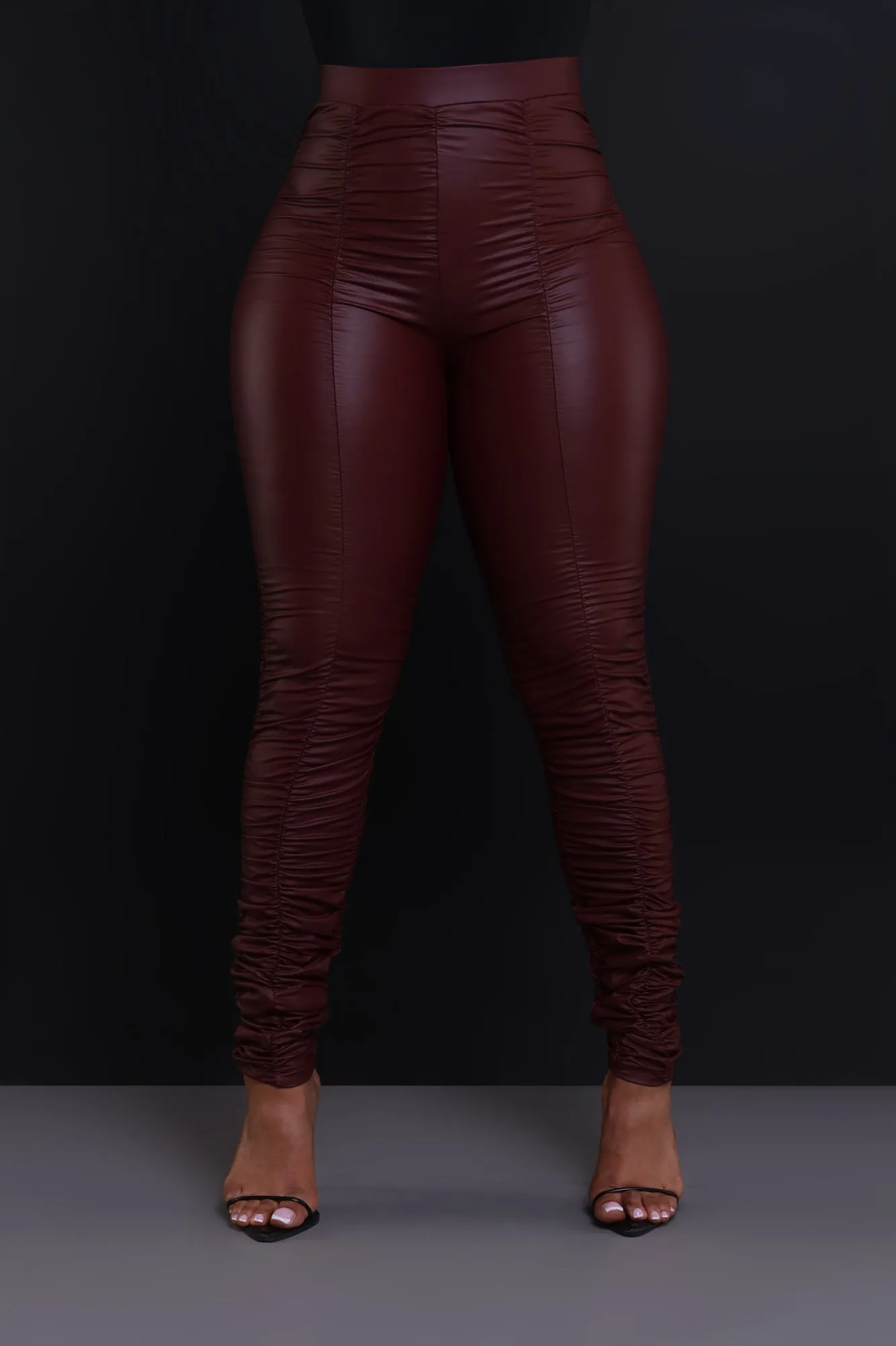 Be Honest Ruched High Waist Pants - Burgundy Faux Leather Leggings