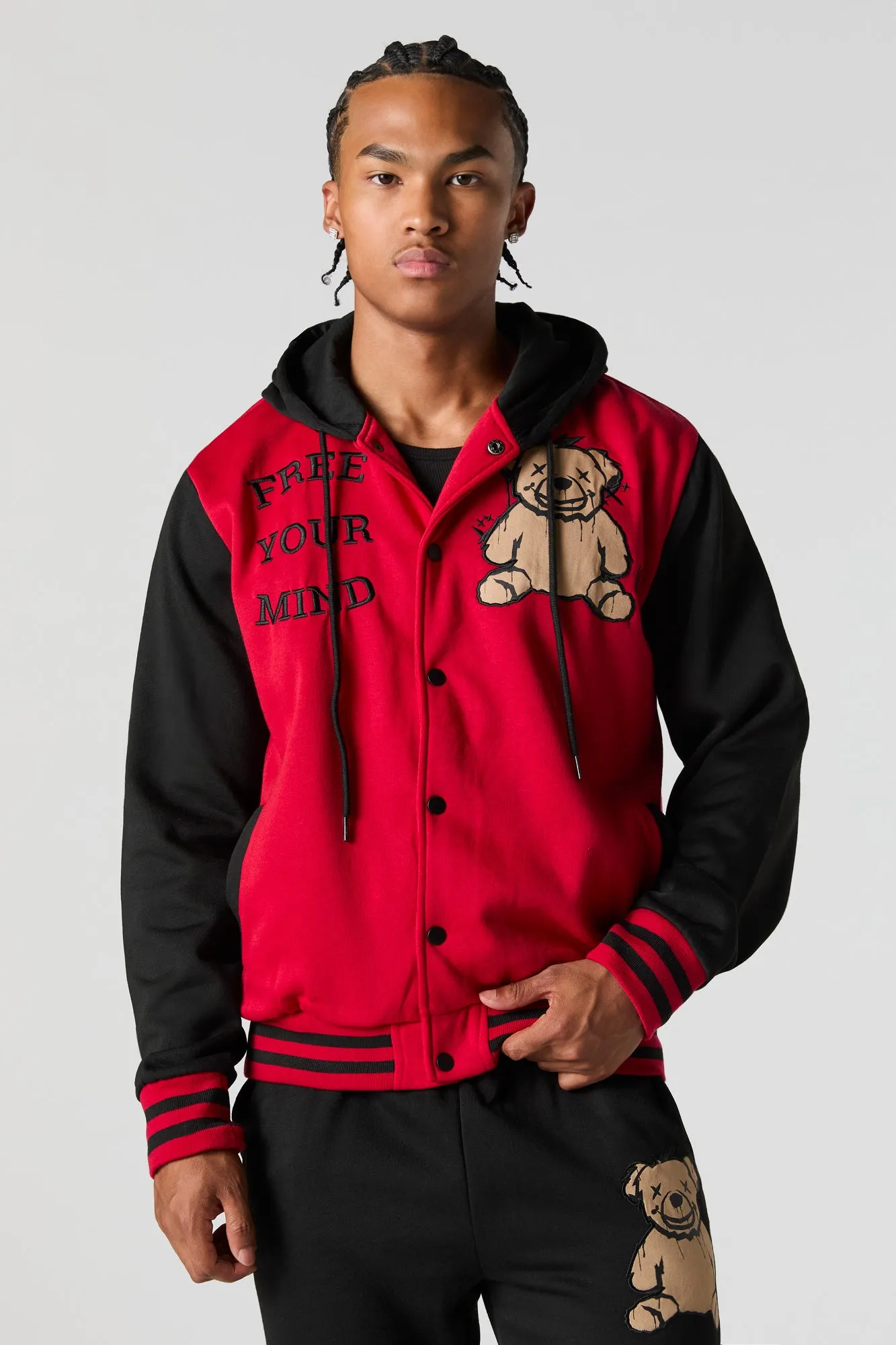 Bear Embroidered Fleece Varsity Jacket