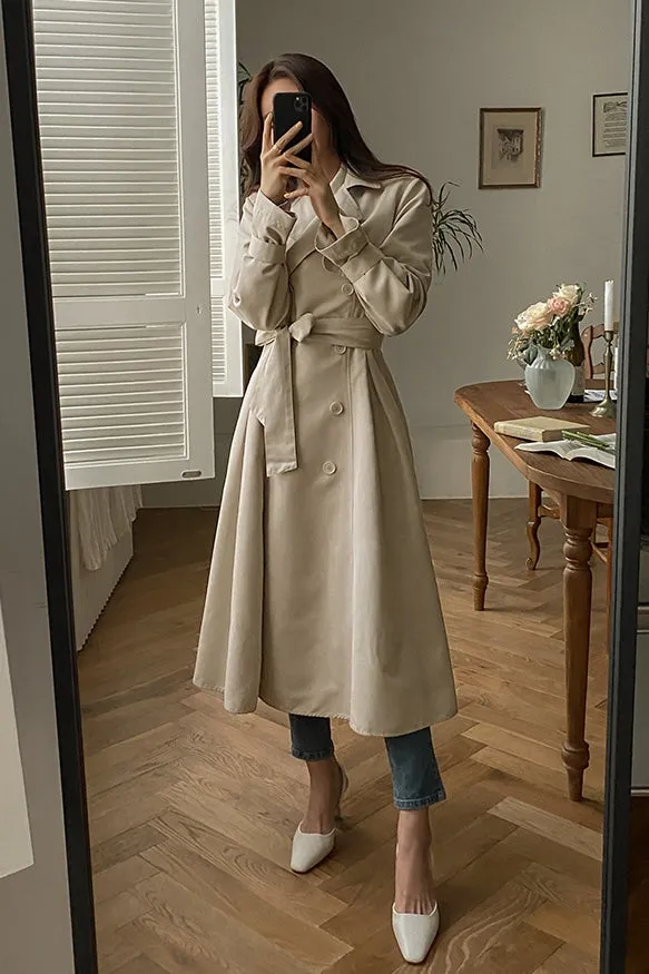 Beige Black Trench Coats Long Womens Double Breast Belted Classic Outfits Korean Kpop Fashion Style A-line