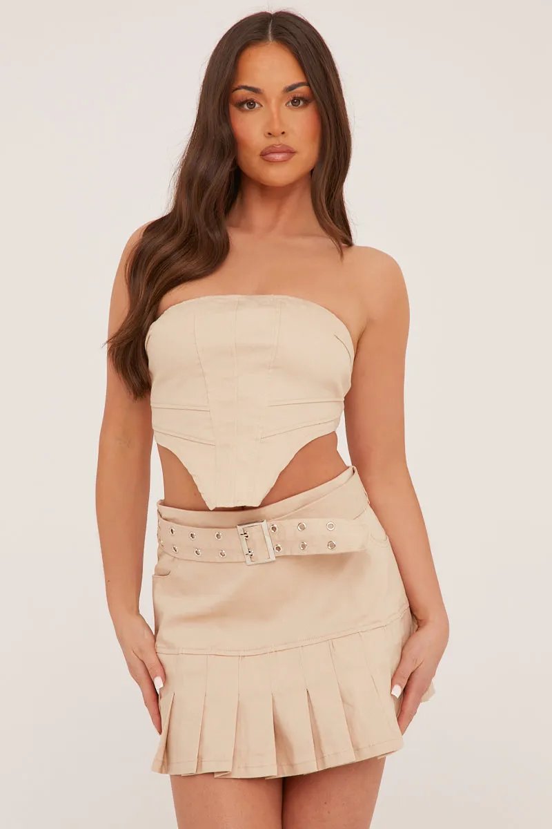 Beige Corset Detail Cropped Top & Pleated Mini Skirt Co-ord Set - Hibo