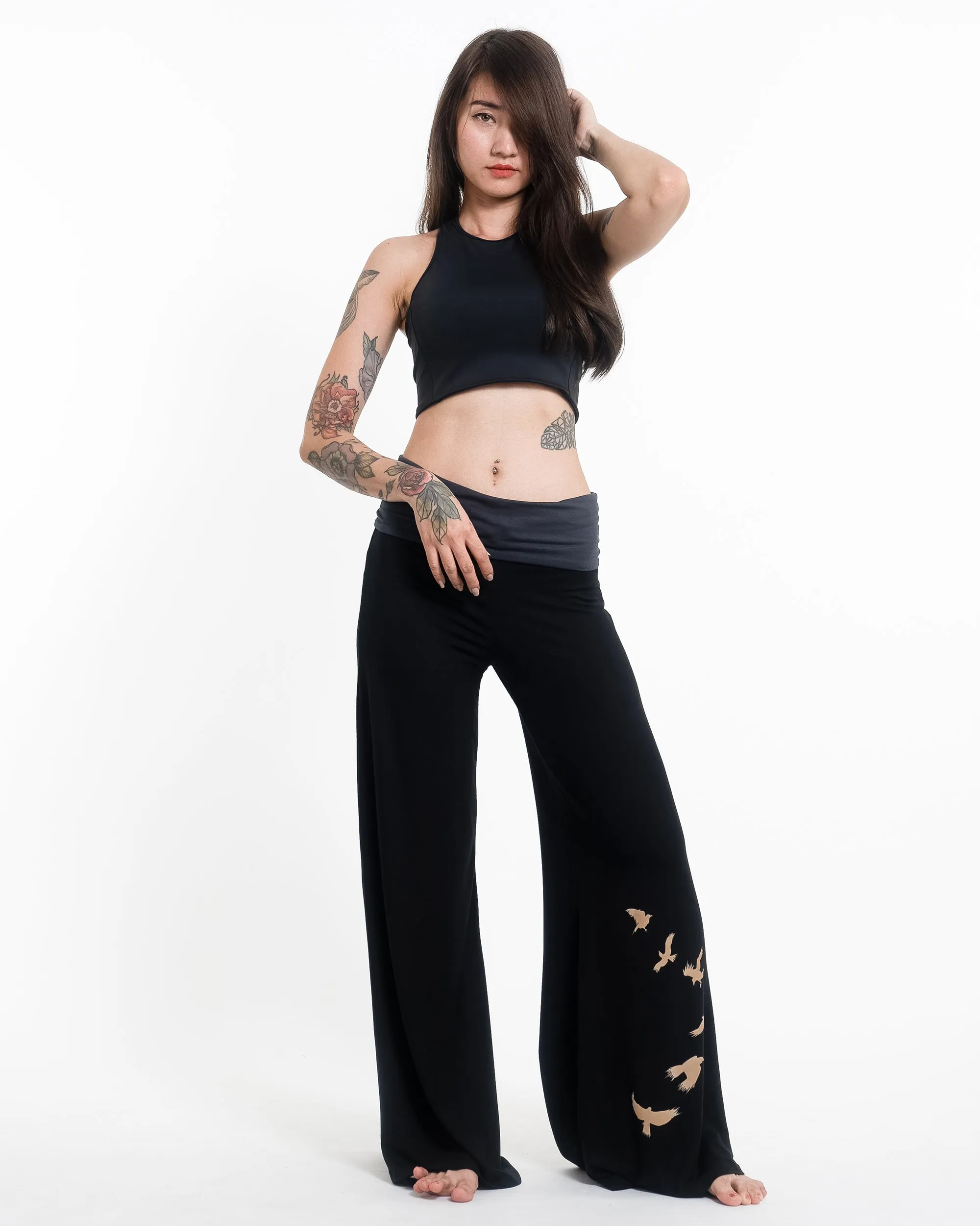 Birds Print Wide Leg Palazzo Harem Pants Cotton Spandex in Black