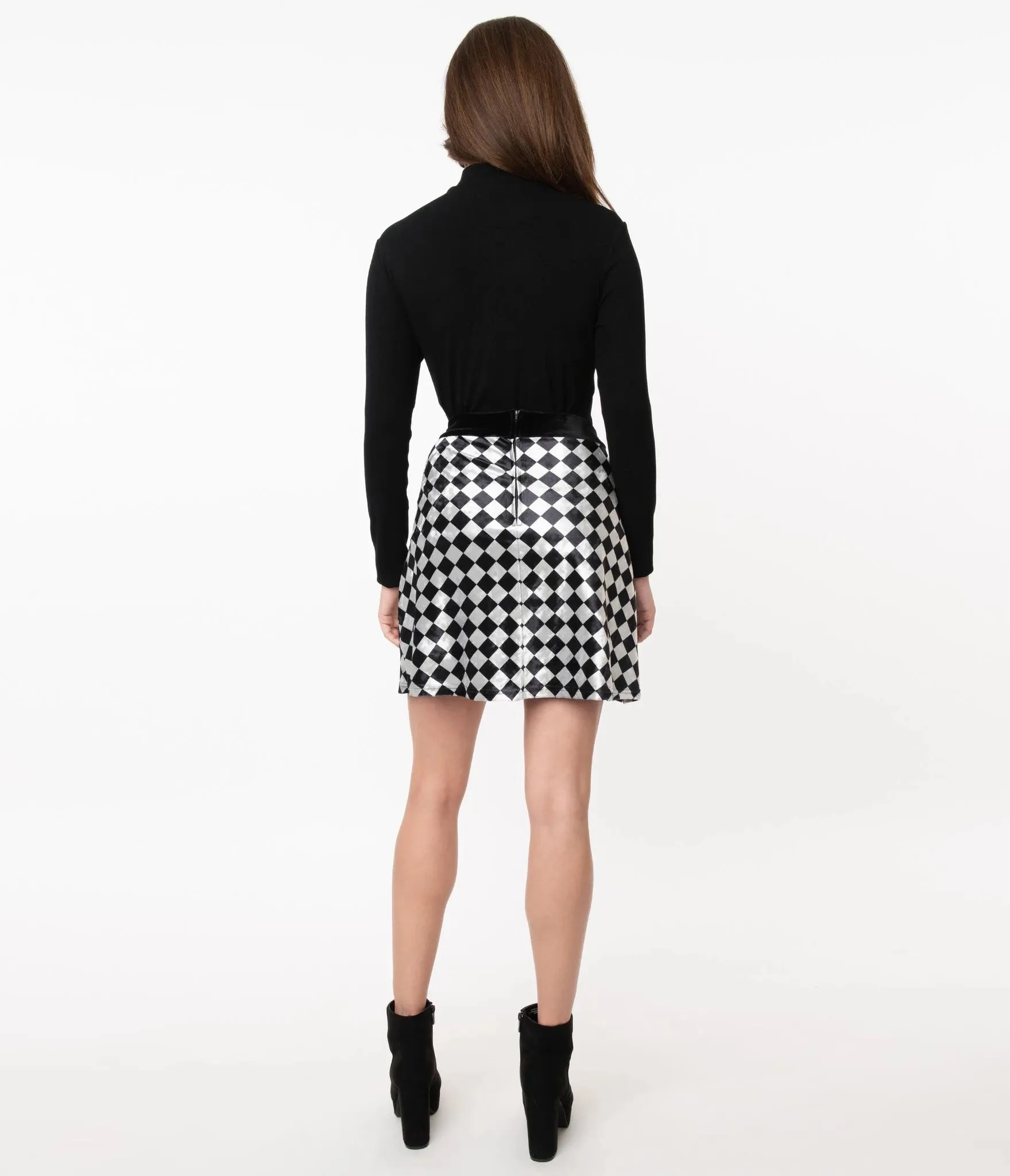 Black and Grey Checkerboard Velvet Say It Loud Mini Skirt