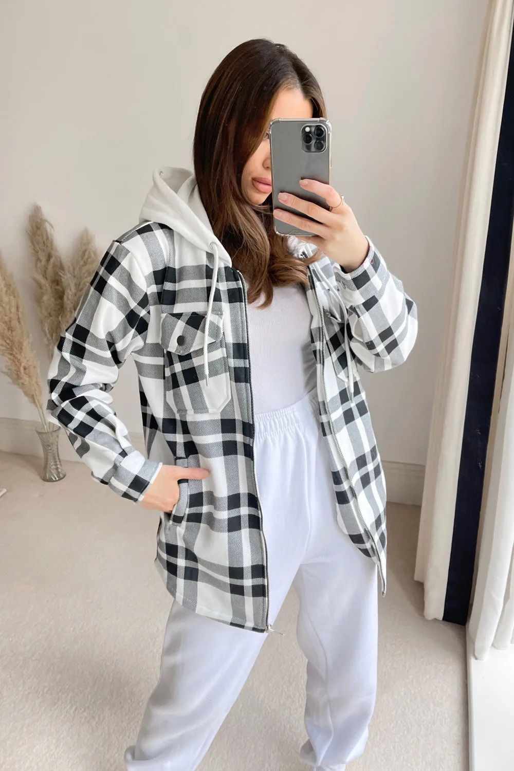 Black and White Check Hooded Shacket