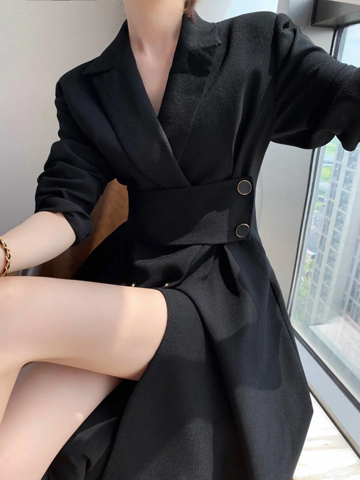 Black Belted Double Breasted Fit & Flare Blazer Coat