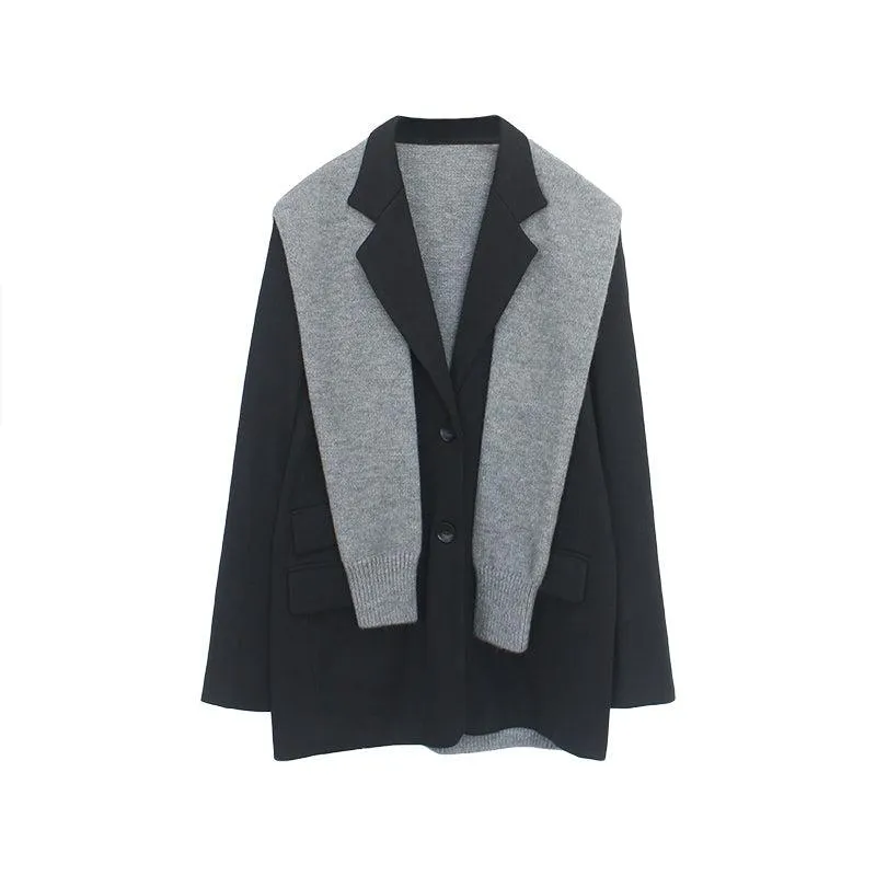 Black Blazer With Gray Knitted Shawls Coat