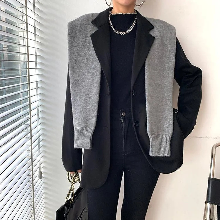 Black Blazer With Gray Knitted Shawls Coat