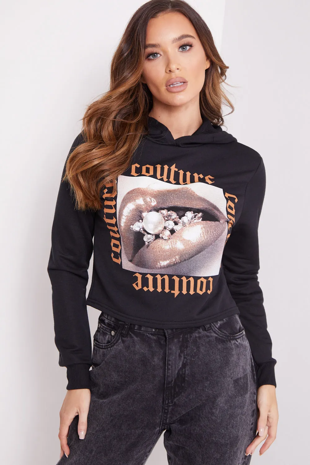 Black Couture Graphic Slogan Cropped Hoodie