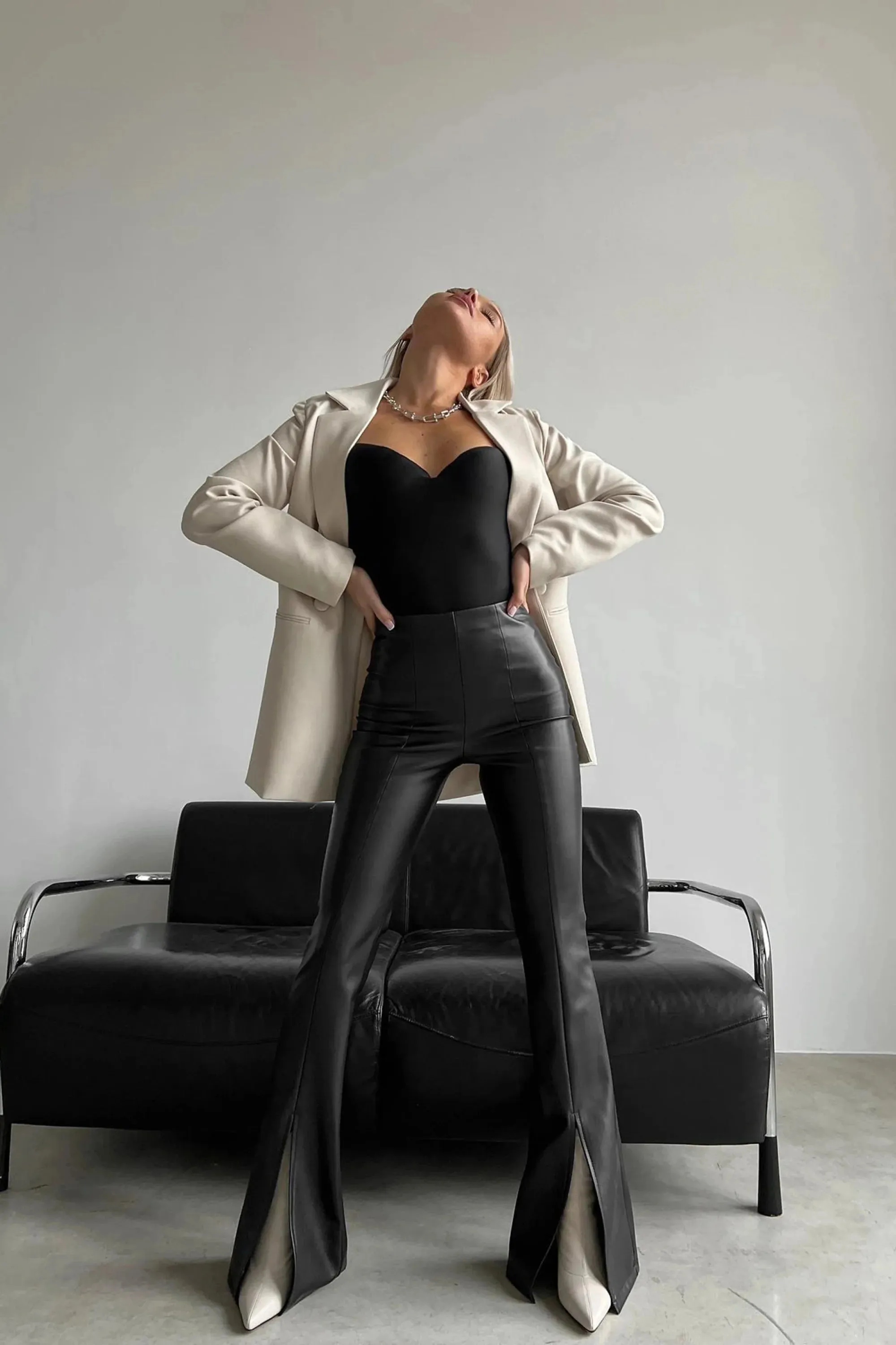 Black Front Split Hem Flare Leather Pants