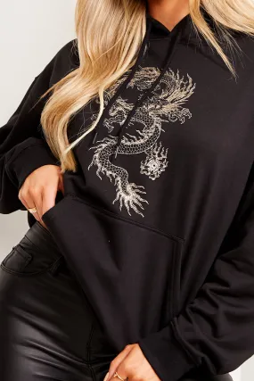 Black Gold Glitter Dragon Print Oversized Hoodie