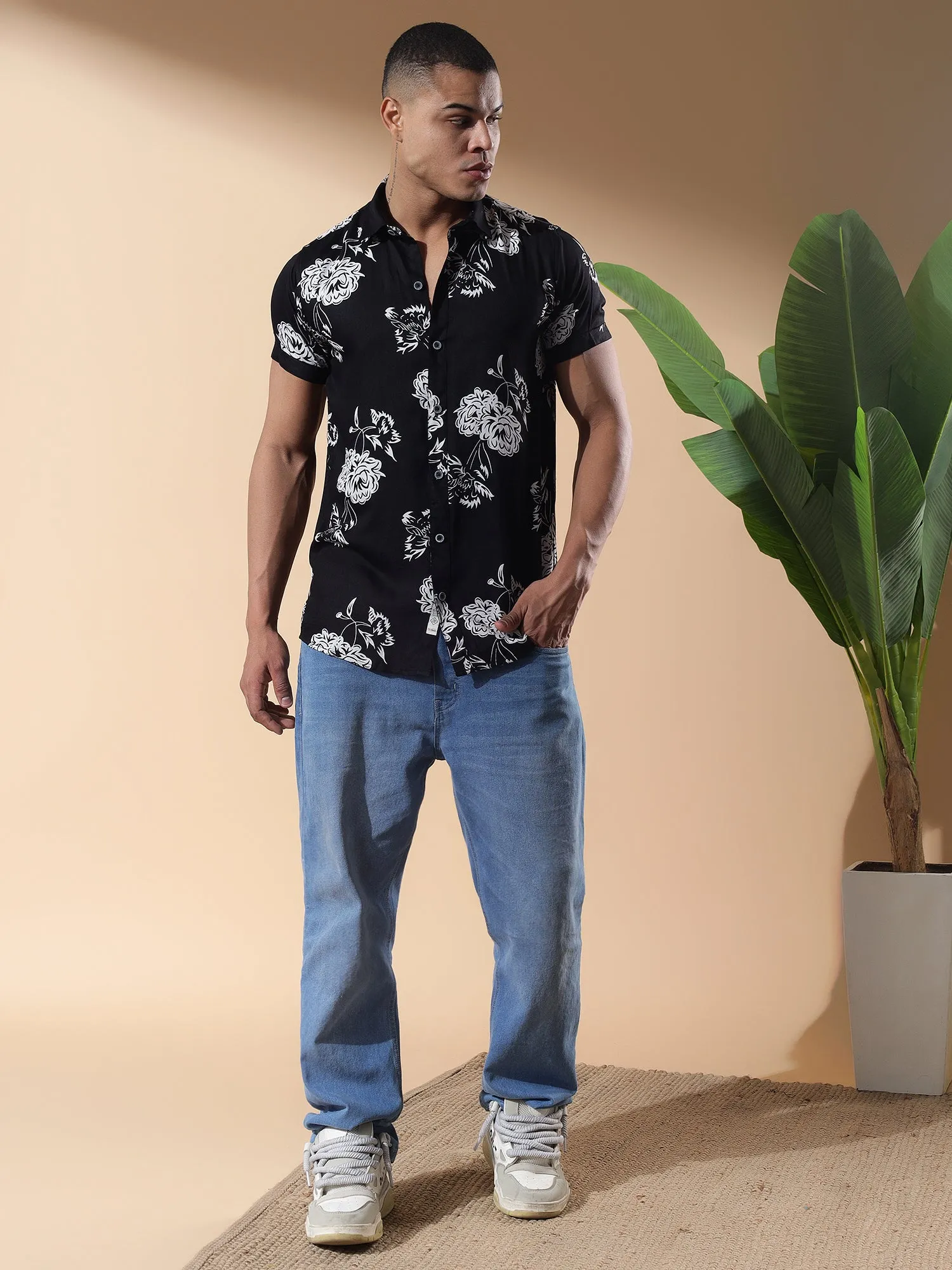 Black Half Casual Printed Cotton Shirt Regular Fit For Man