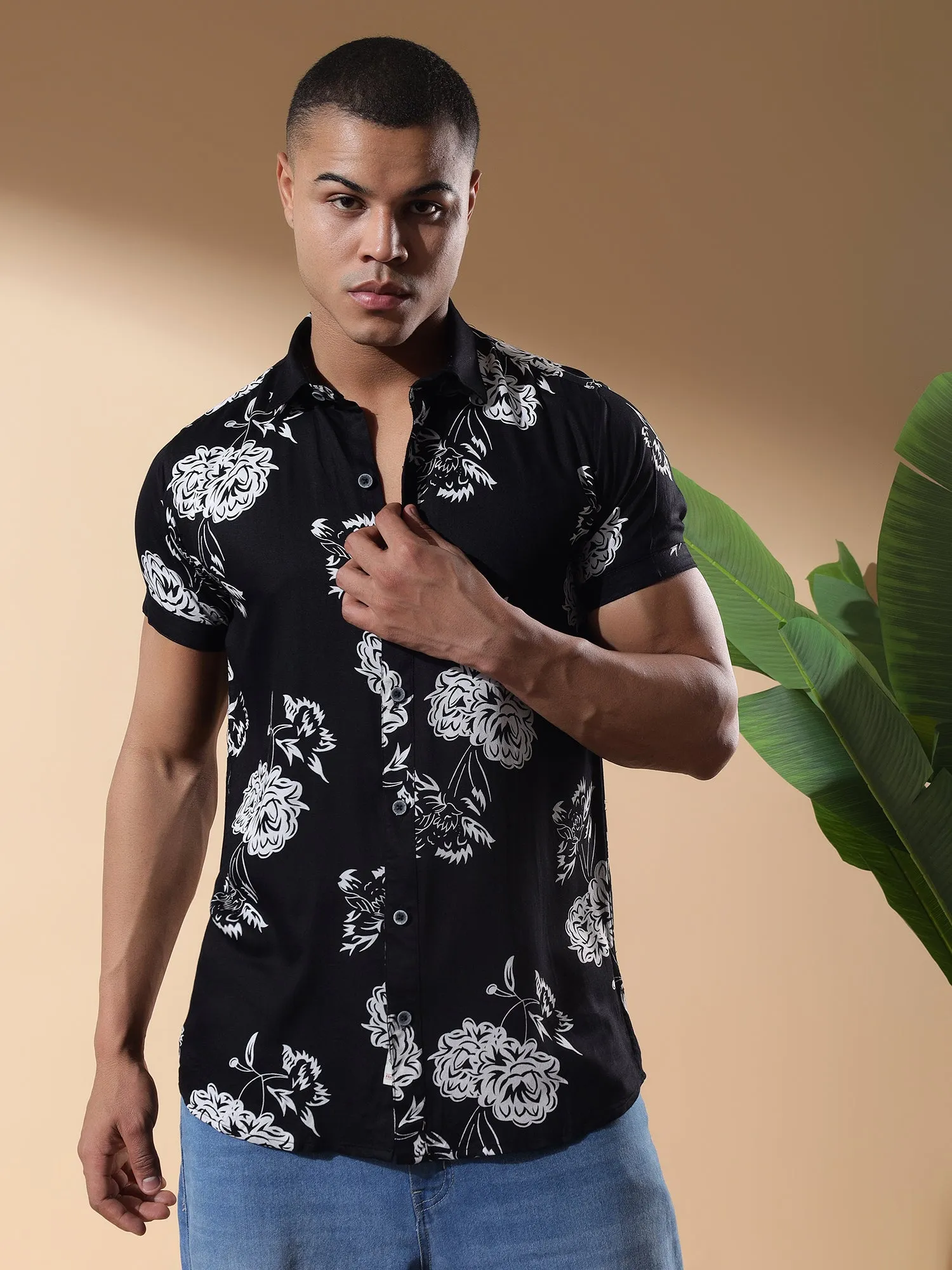 Black Half Casual Printed Cotton Shirt Regular Fit For Man