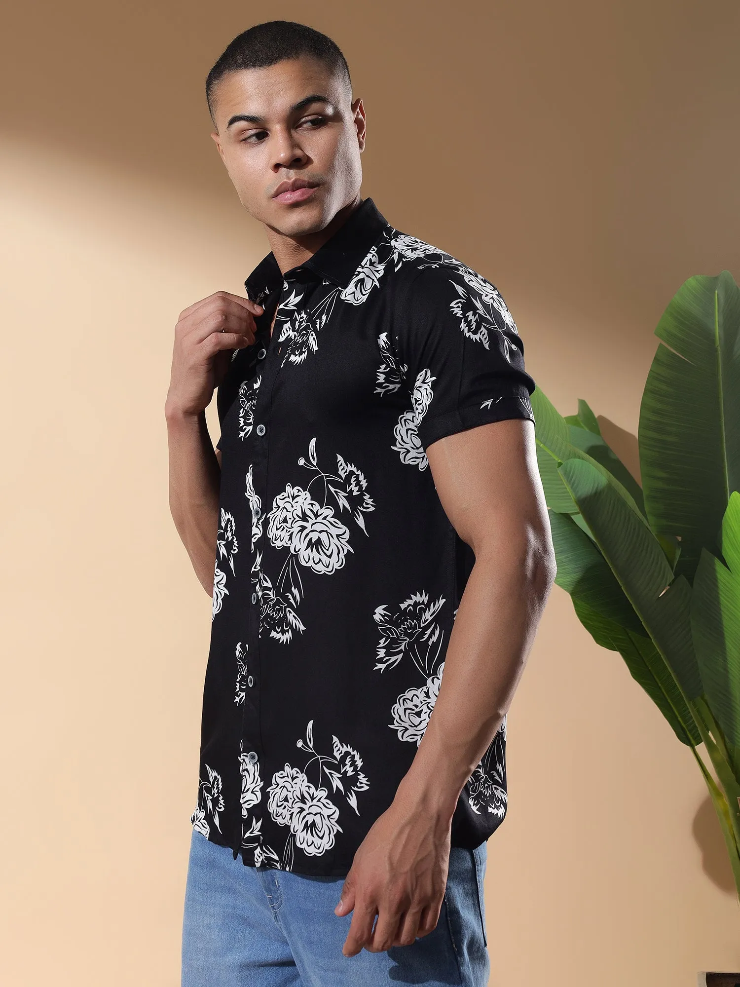 Black Half Casual Printed Cotton Shirt Regular Fit For Man