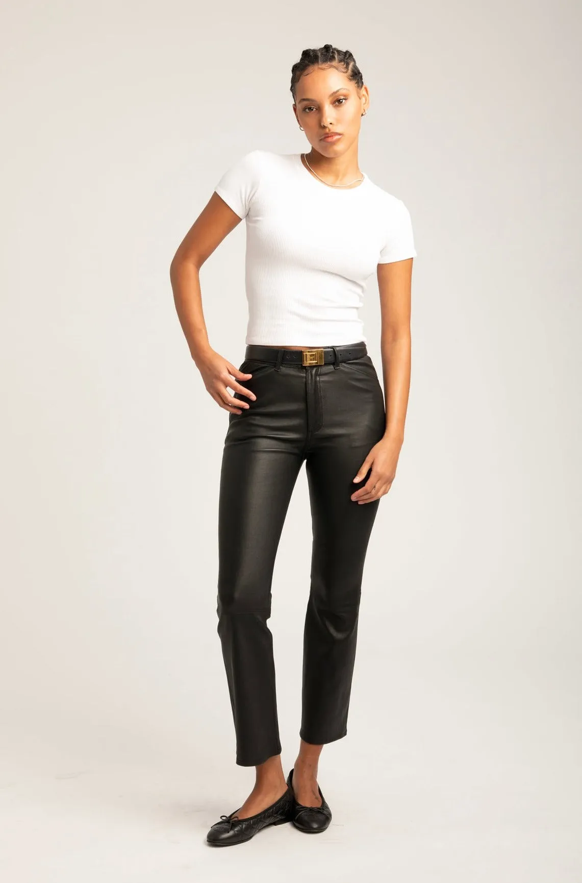 Black Leather 5 Pocket Crop Flare Pants