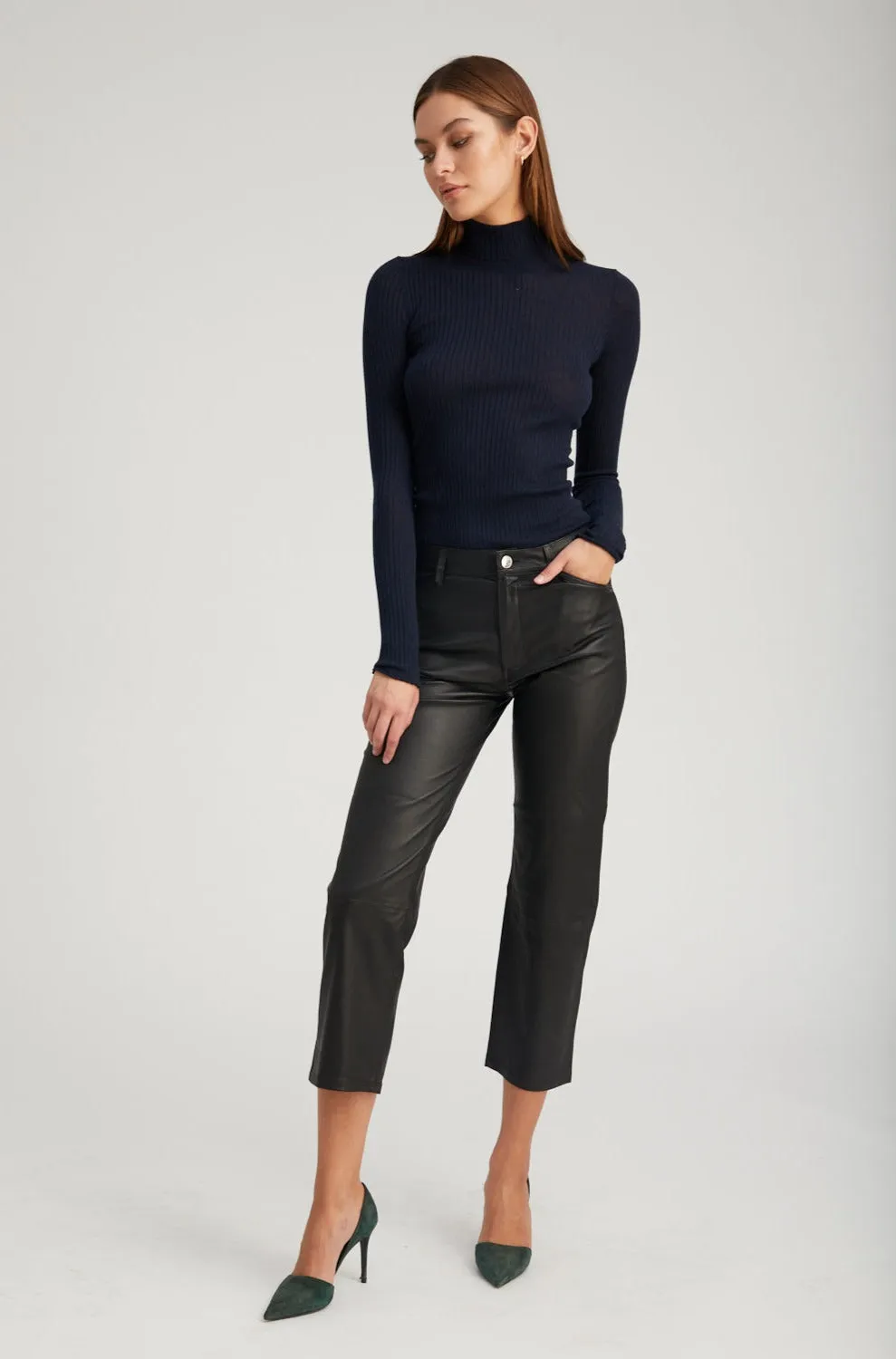 Black Leather 5 Pocket Straight Leg Pants