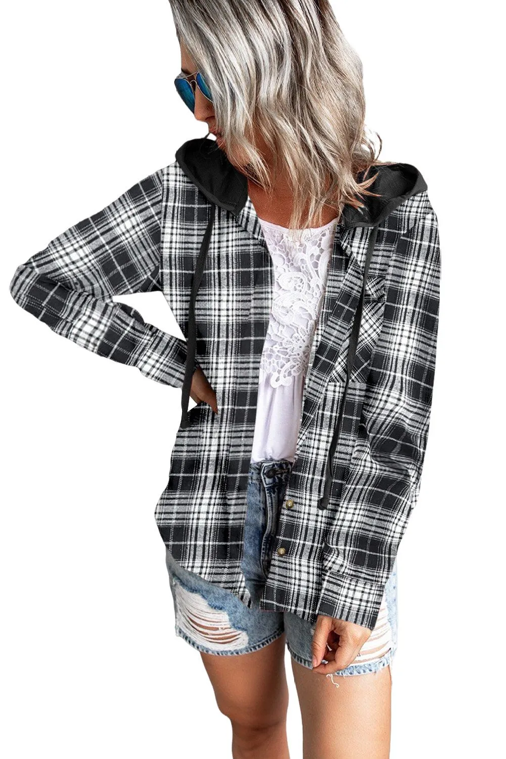 Black Plaid Hooded Shirt Coat