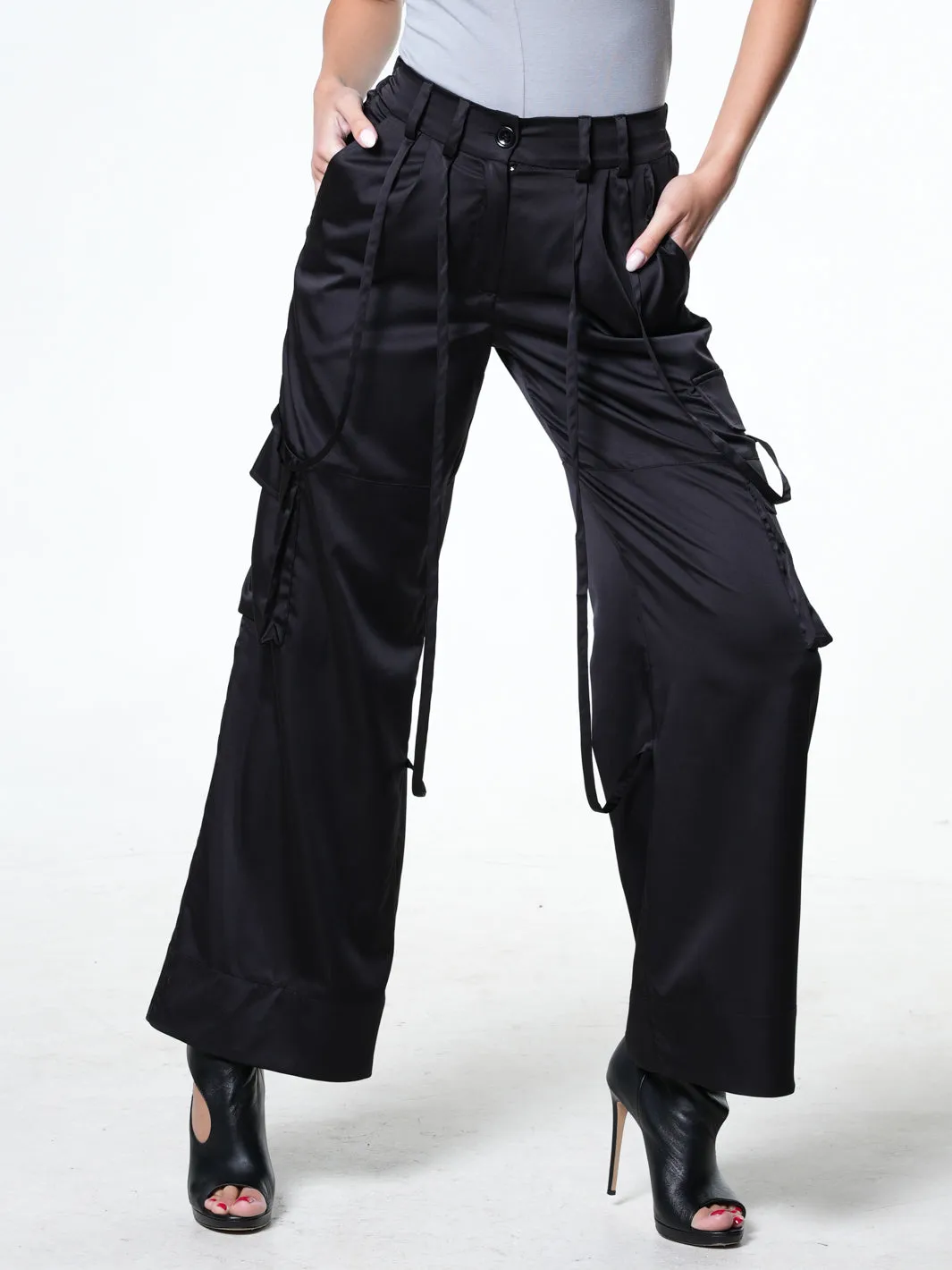 Black Satin Cargo Pants