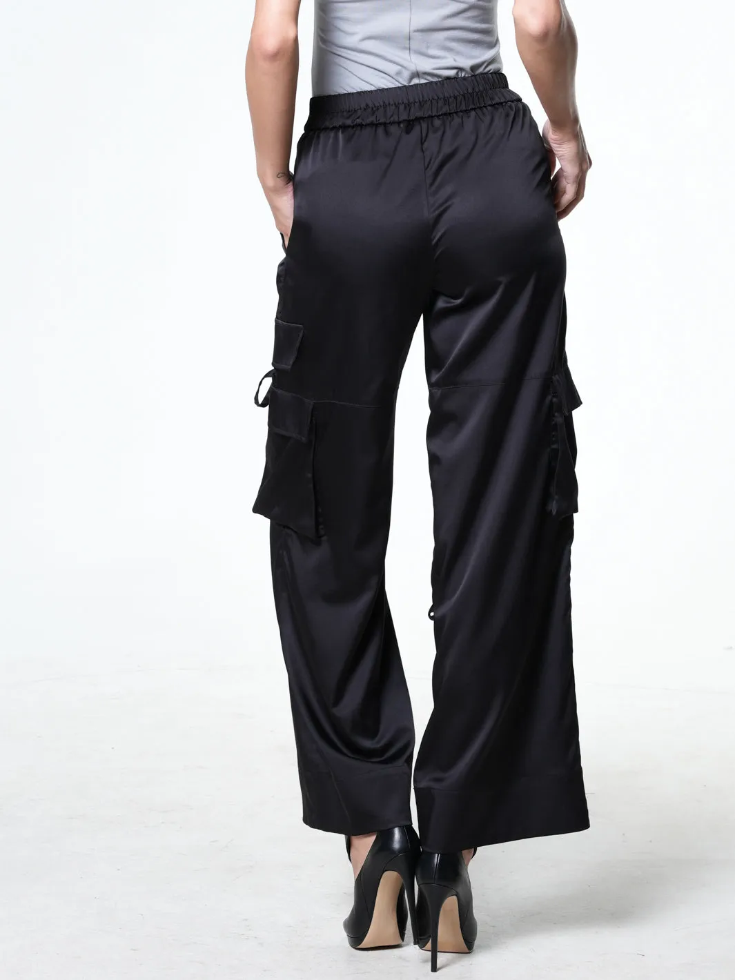 Black Satin Cargo Pants