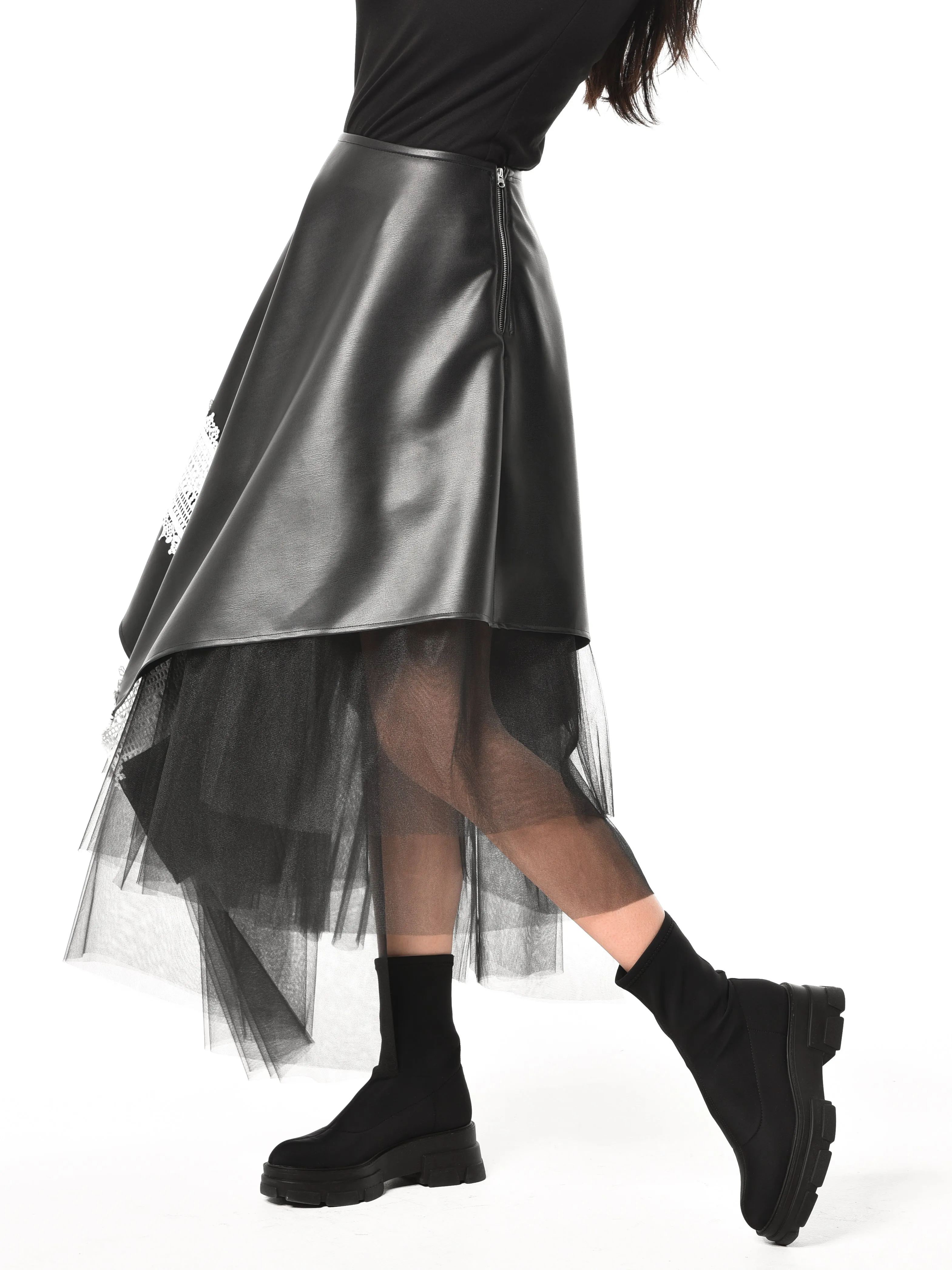 Black Vegan Leather Skirt with Black Tulle