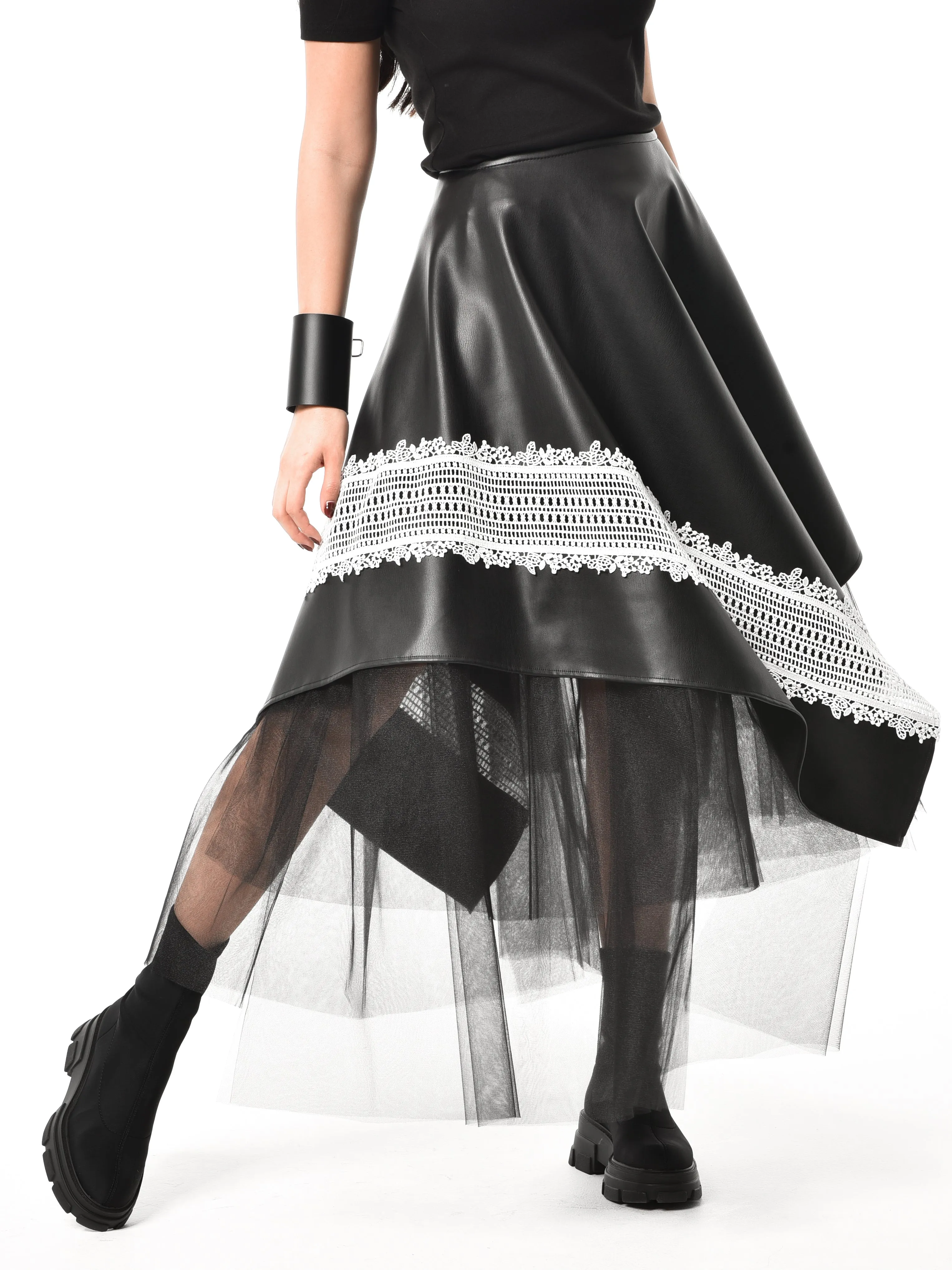 Black Vegan Leather Skirt with Black Tulle