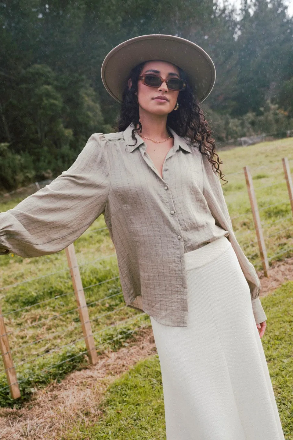 Bloom Khaki Stripe Lace Insert Blouse