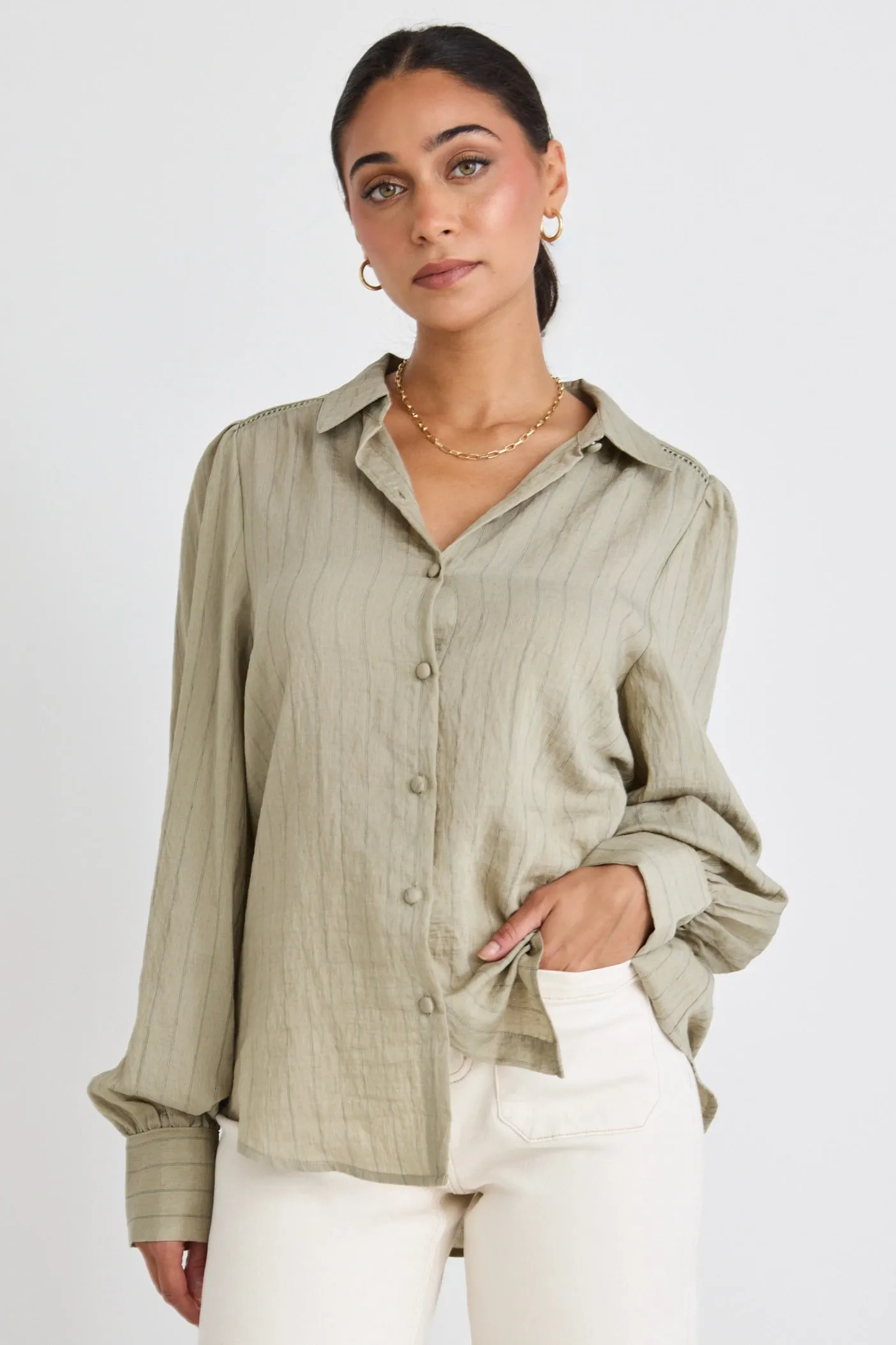 Bloom Khaki Stripe Lace Insert Blouse