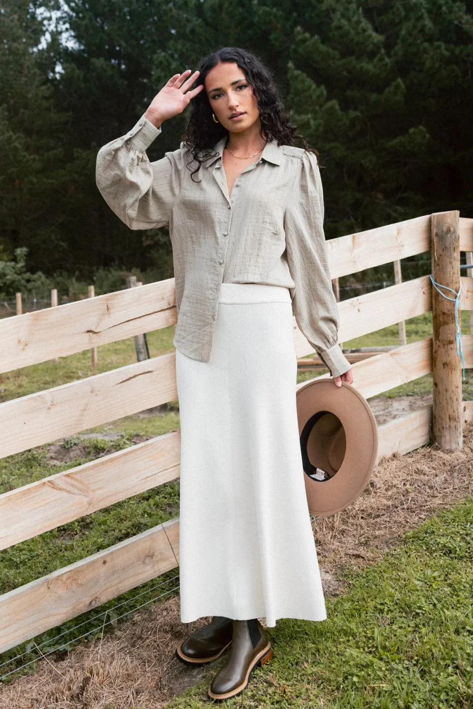 Bloom Khaki Stripe Lace Insert Blouse