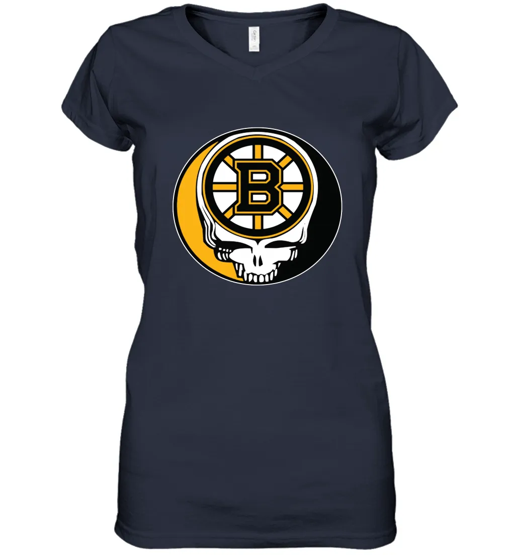 Boston Bruins Grateful Dead Steal Your Face Hockey NHL Womens V-Neck T-Shirt