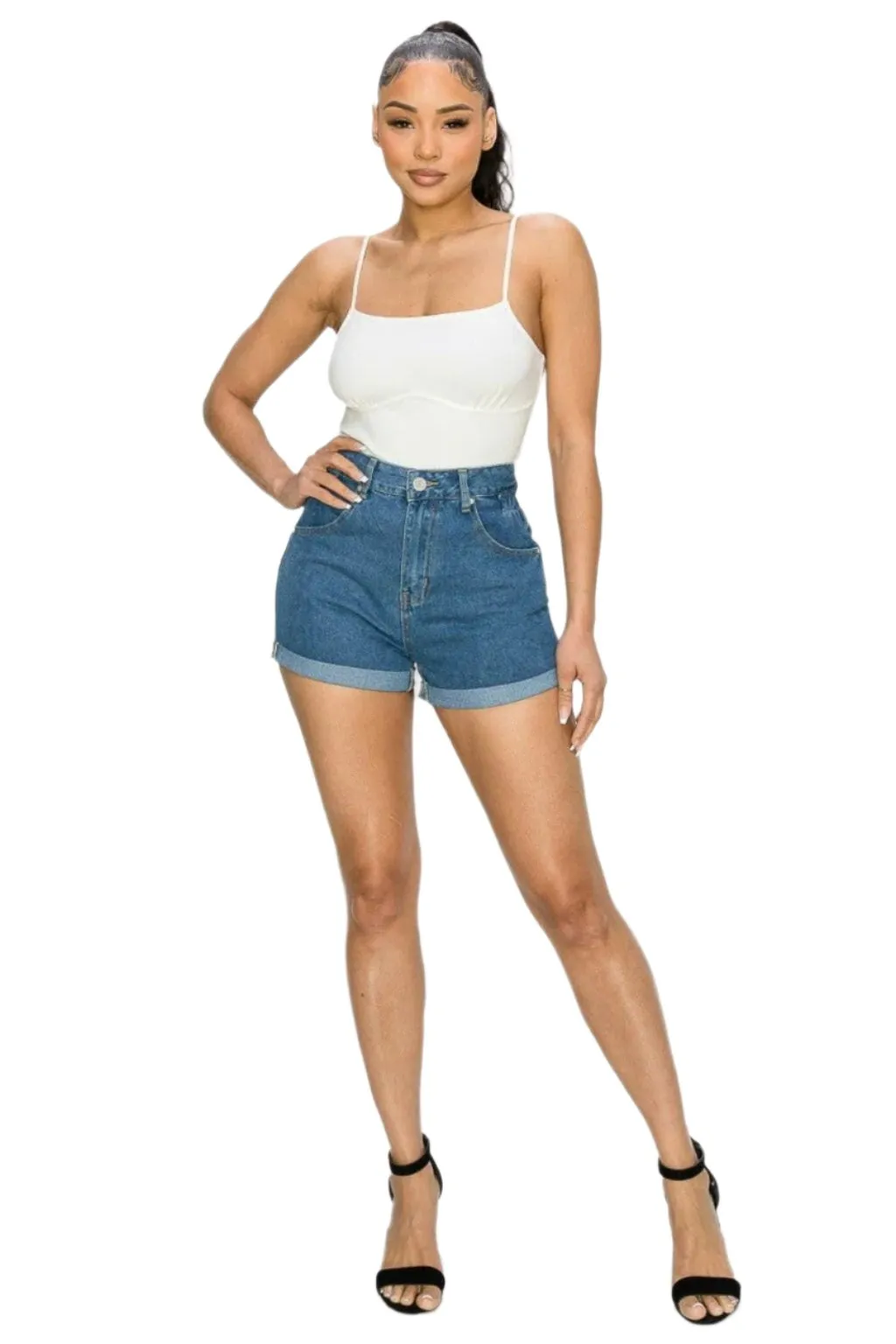 Bring High Waist Rolled Hem Denim Shorts