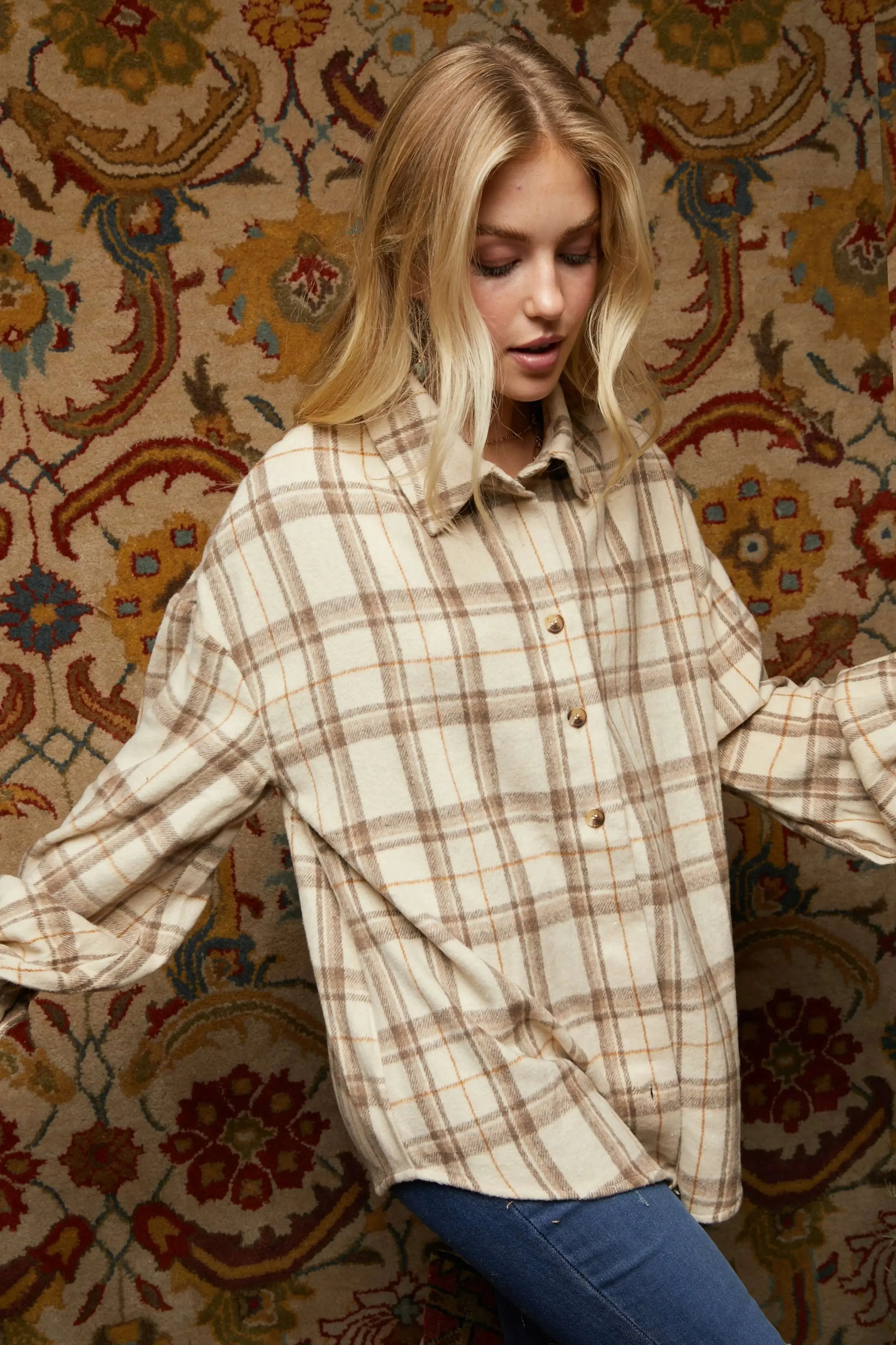 BROWN AND CREAM PLAID FLANNEL BALLOON SLEEVE  FLANNEL TOP