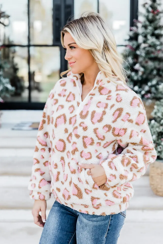 Call Of The Wild Pink Leopard Print Sherpa Quarter Zip Pullover FINAL SALE