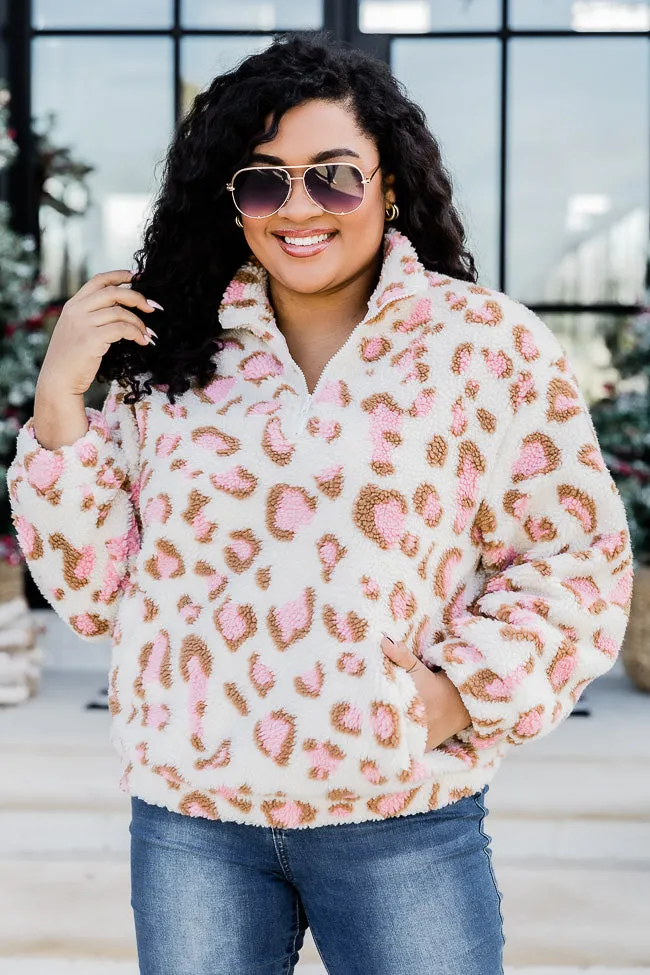 Call Of The Wild Pink Leopard Print Sherpa Quarter Zip Pullover FINAL SALE