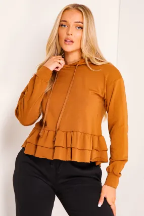 Camel Frill Hem Hoodie