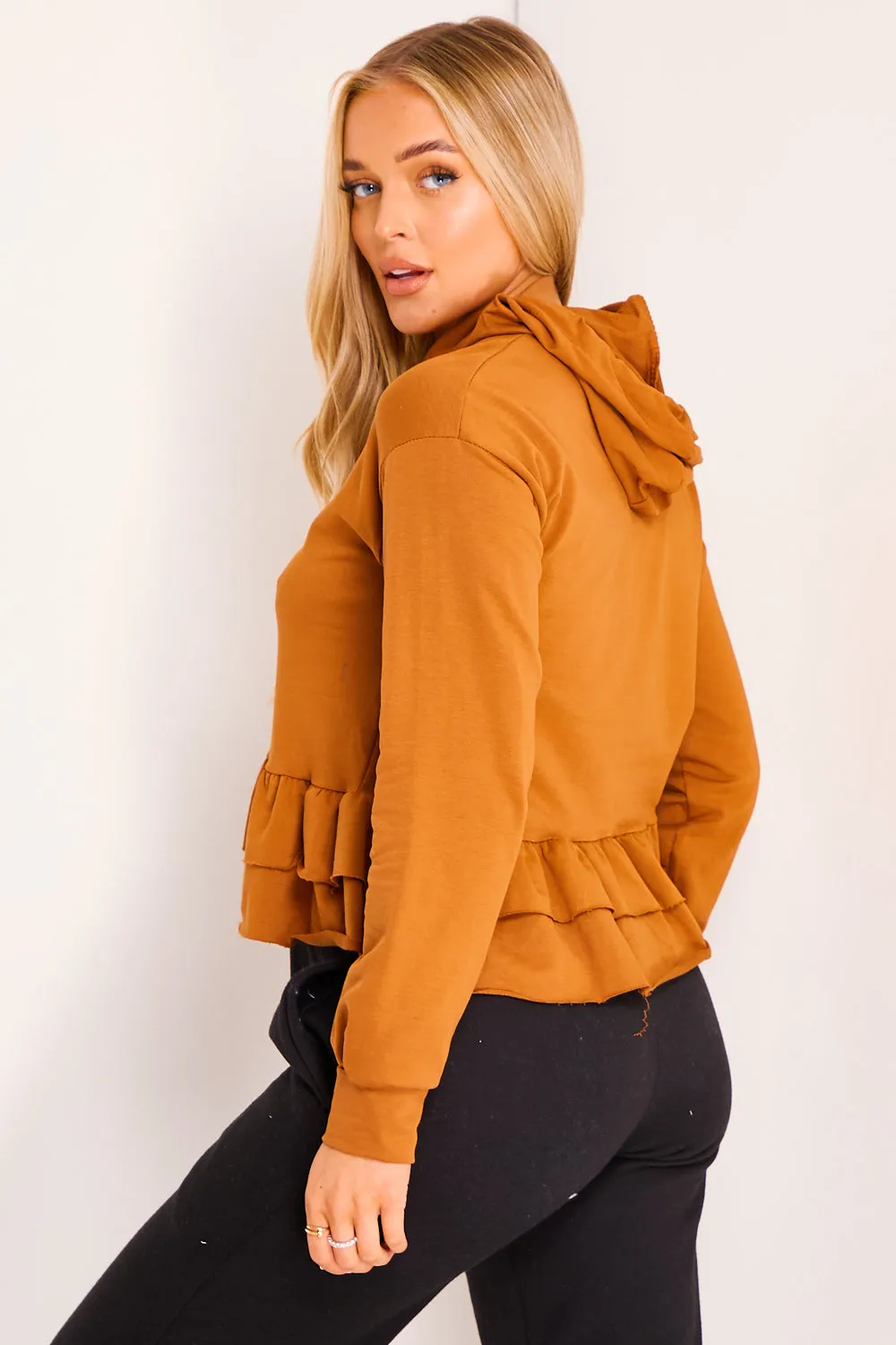 Camel Frill Hem Hoodie