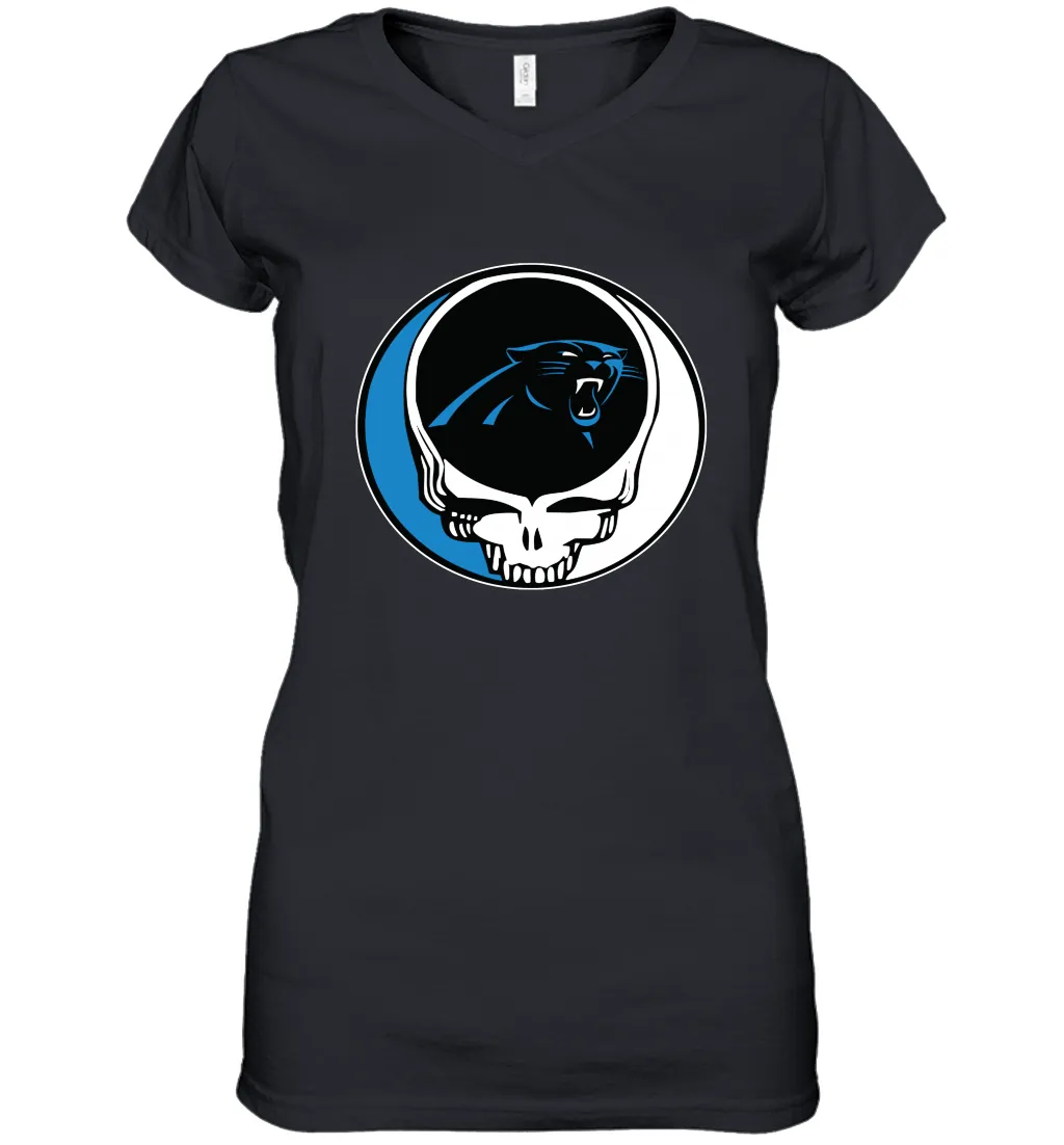 Carolina Panthers Grateful Dead Steal Your Face NFL Football Womens V-Neck T-Shirt