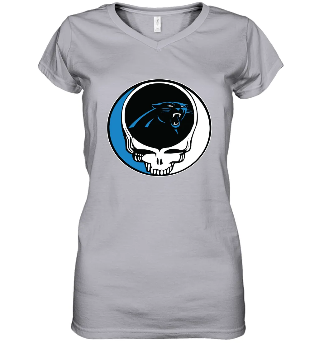 Carolina Panthers Grateful Dead Steal Your Face NFL Football Womens V-Neck T-Shirt