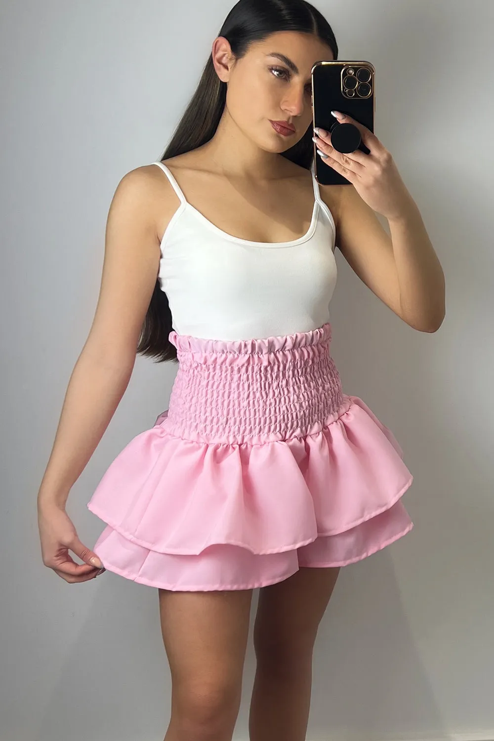 Cece Baby Pink Shirred Waist Ruffle Hem Mini Skirt