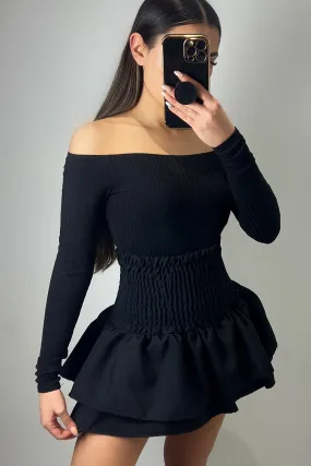 Cece Black Shirred Waist Ruffle Hem Mini Skirt