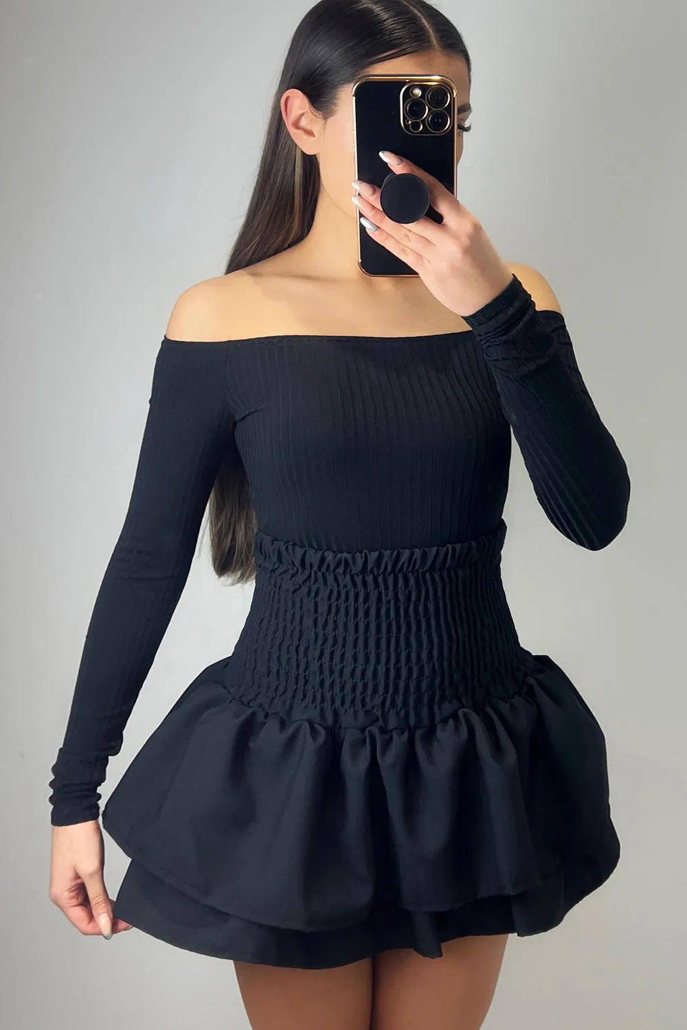 Cece Black Shirred Waist Ruffle Hem Mini Skirt