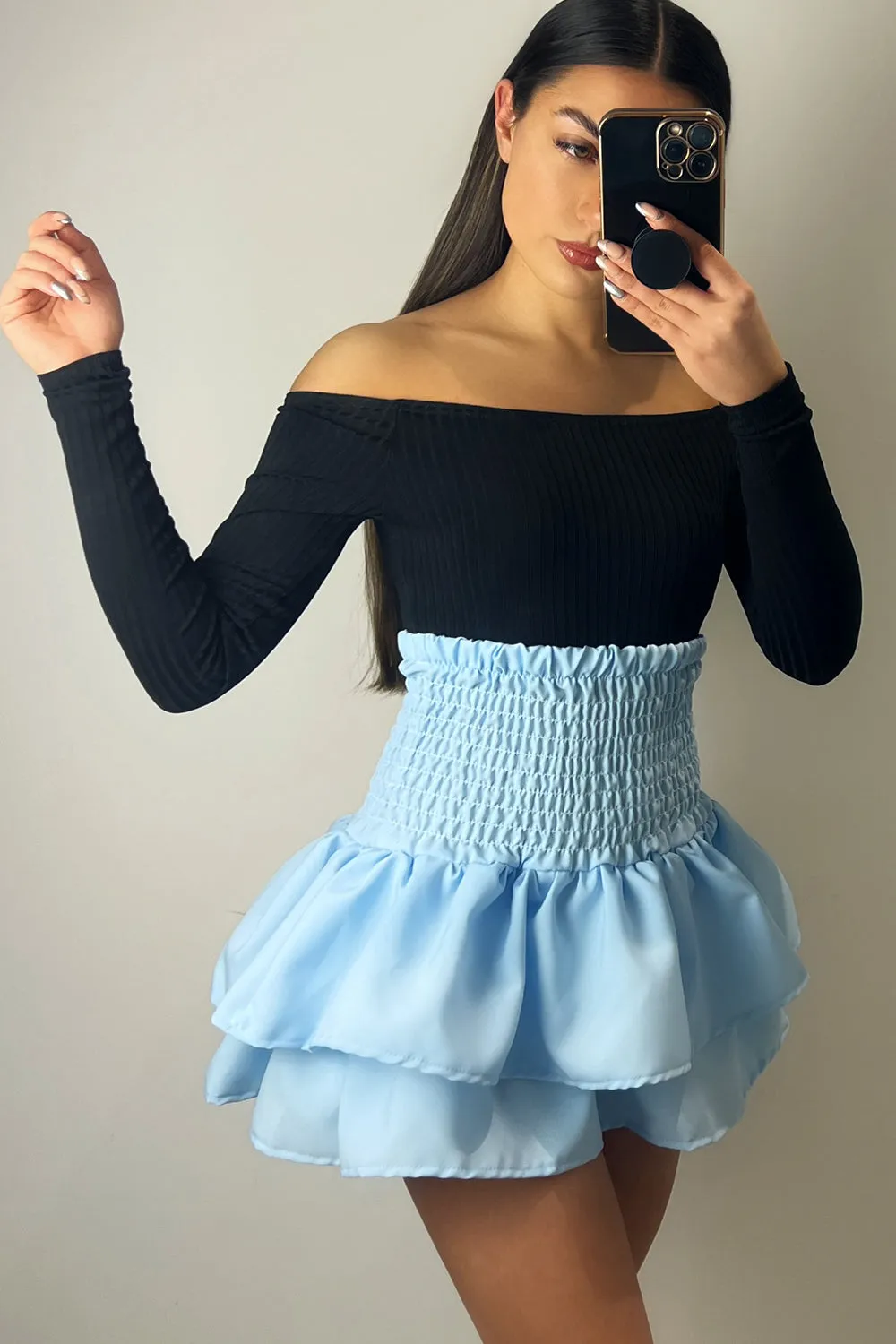 Cece Blue Shirred Waist Ruffle Hem Mini Skirt