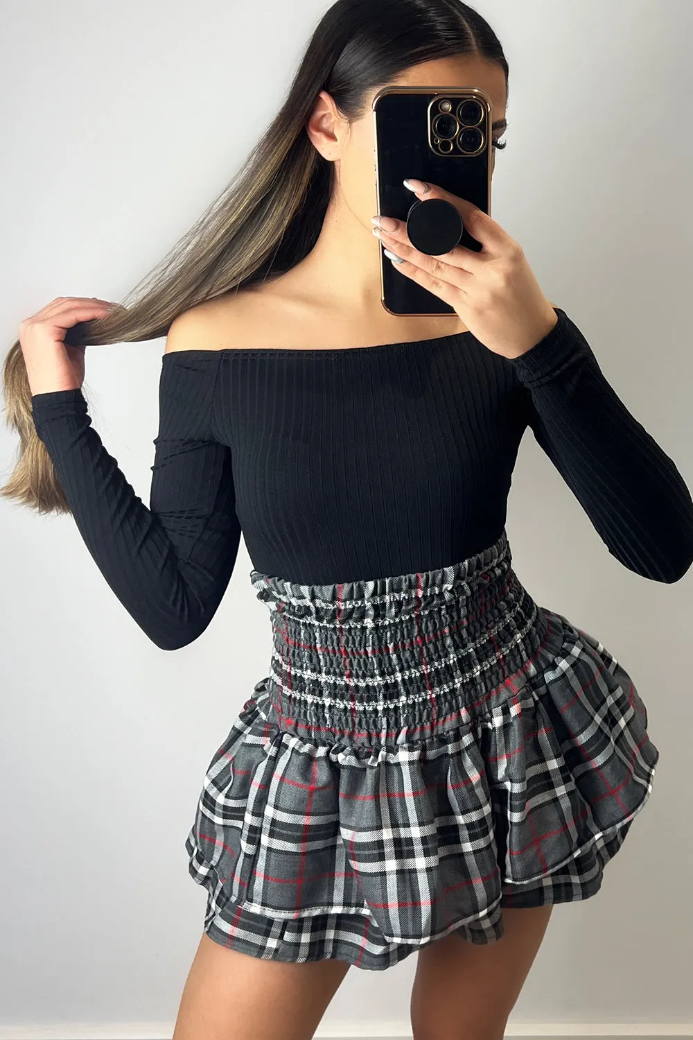 Cece Grey Check Shirred Waist Ruffle Hem Mini Skirt