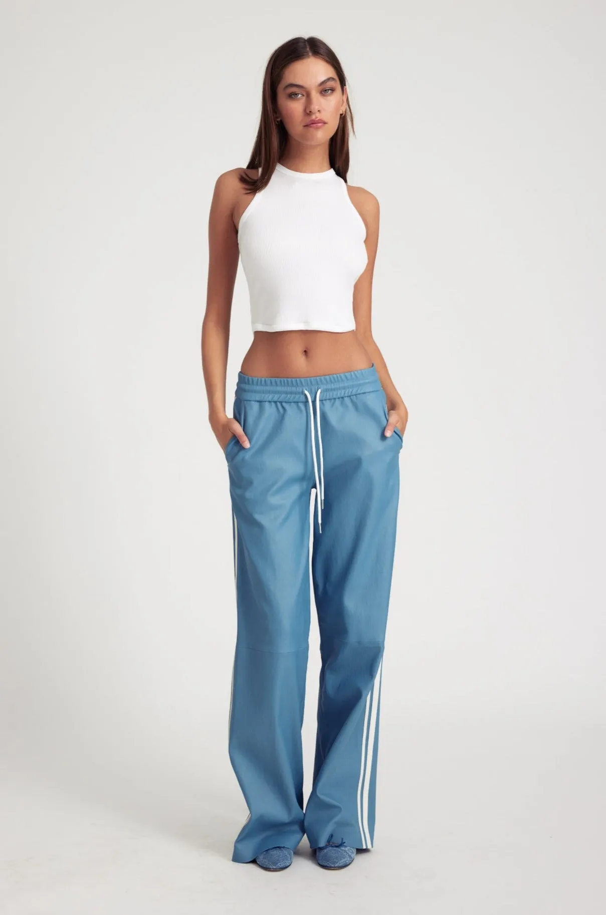 Chambray Blue Leather Athletic Drawstring Pants