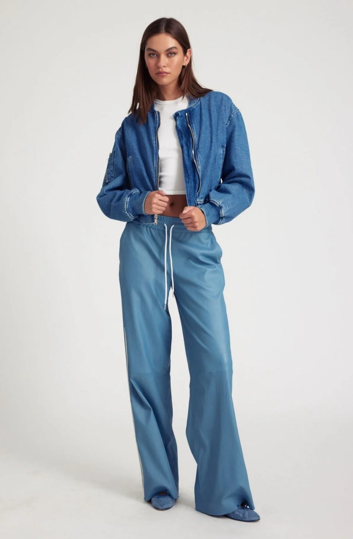 Chambray Blue Leather Athletic Drawstring Pants