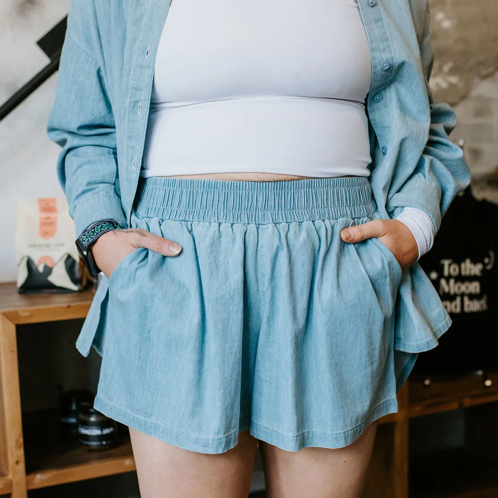 Chambray Denim High Waisted Shorts *