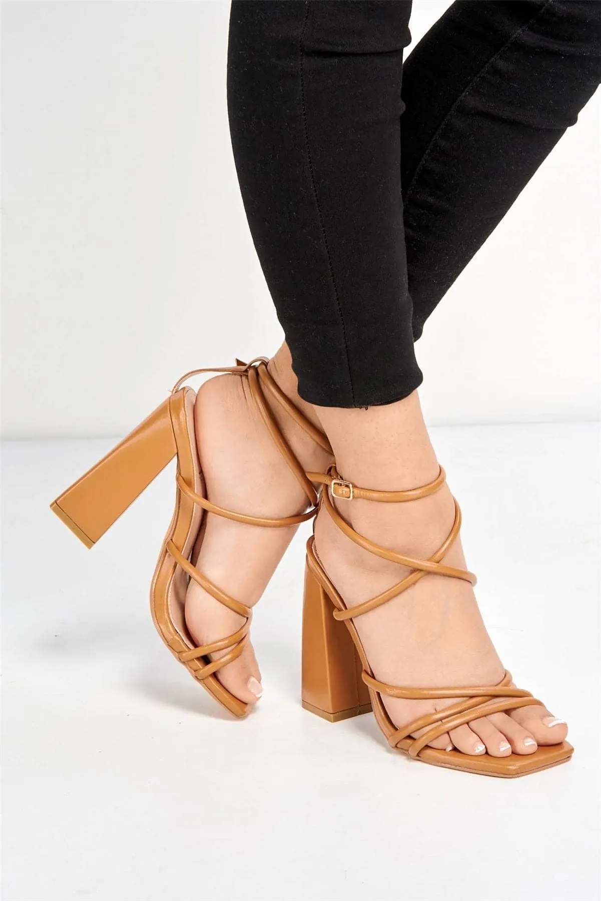 Chania Thick Strappy Block Heel Sandal in Camel