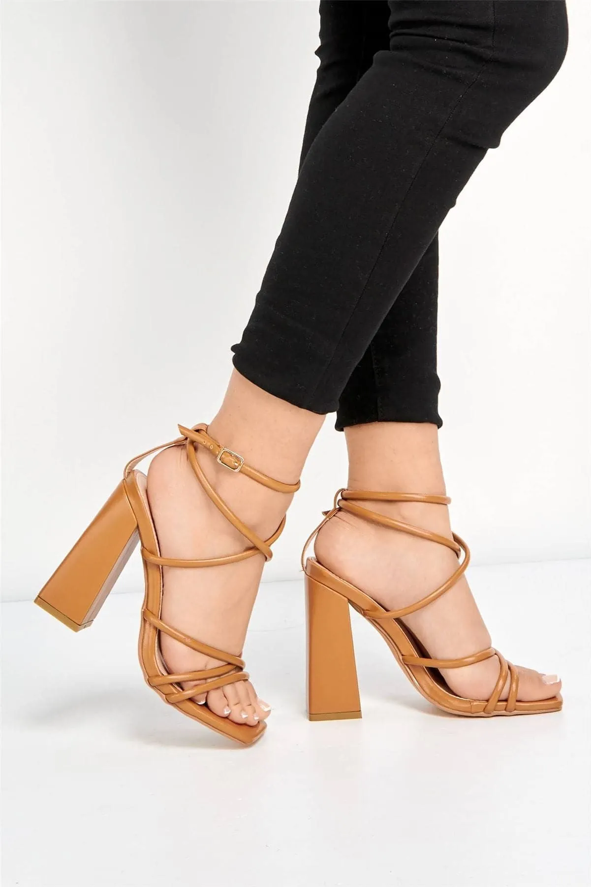 Chania Thick Strappy Block Heel Sandal in Camel