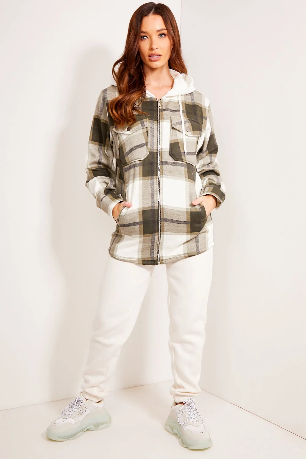 Charlotte Khaki Check Hooded Shacket