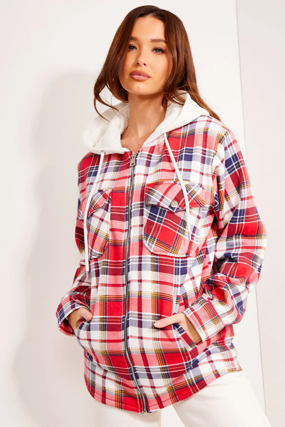 Charlotte Red and Blue Check Hooded Shacket