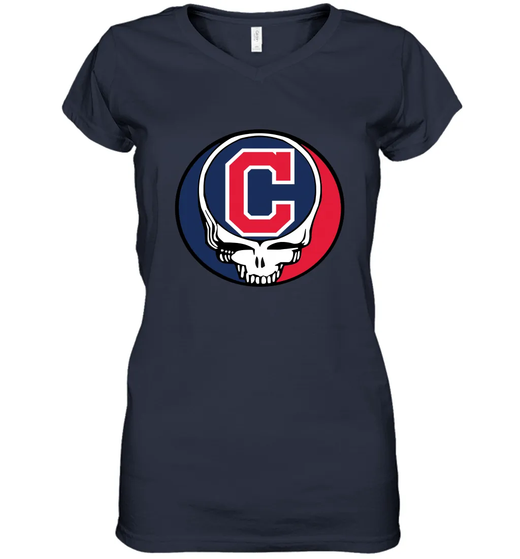 Cleveland Indians Grateful Dead Steal Your Face Baseball Womens V-Neck T-Shirt