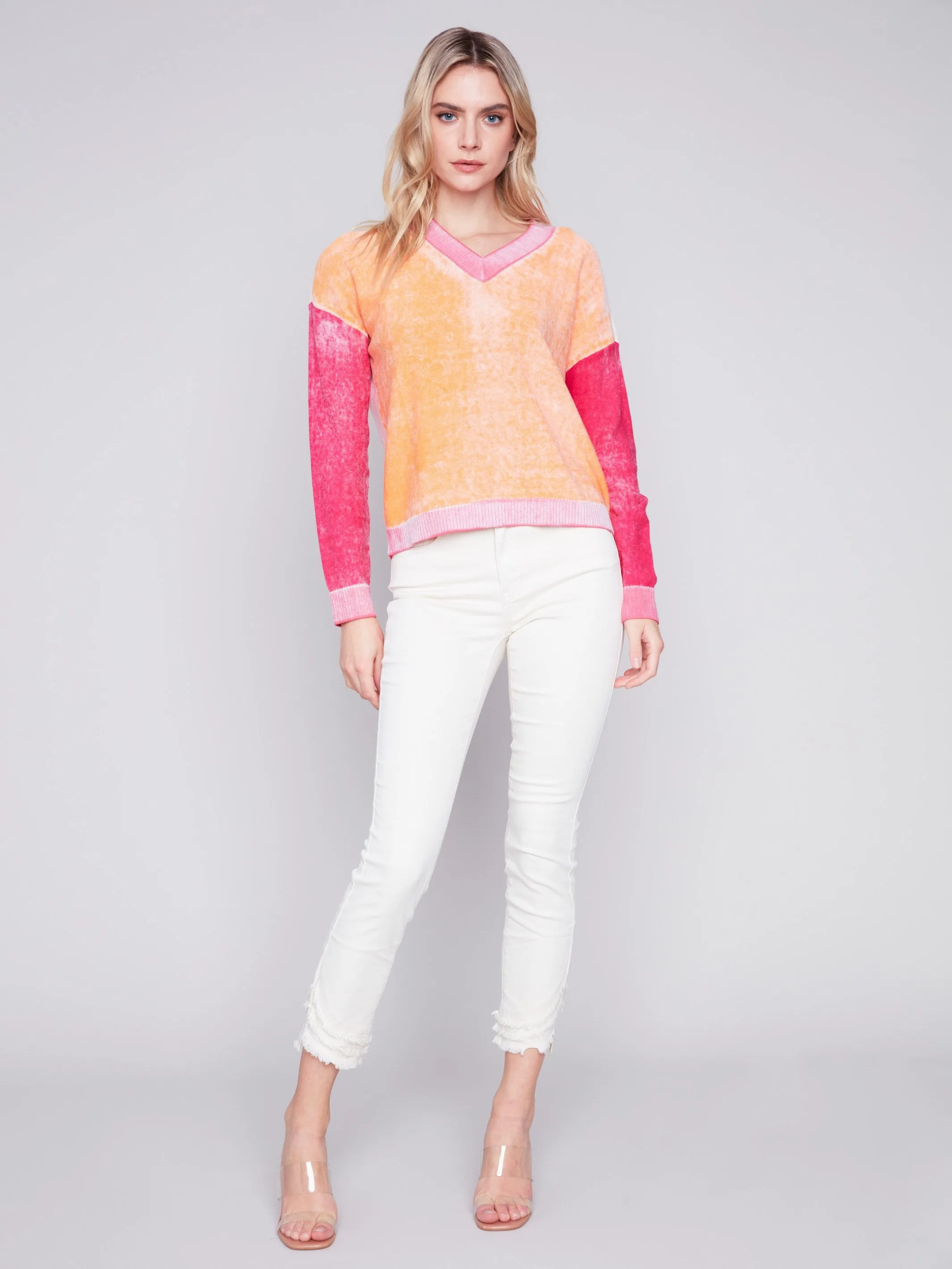 Color Block Cotton Sweater - Tangerine